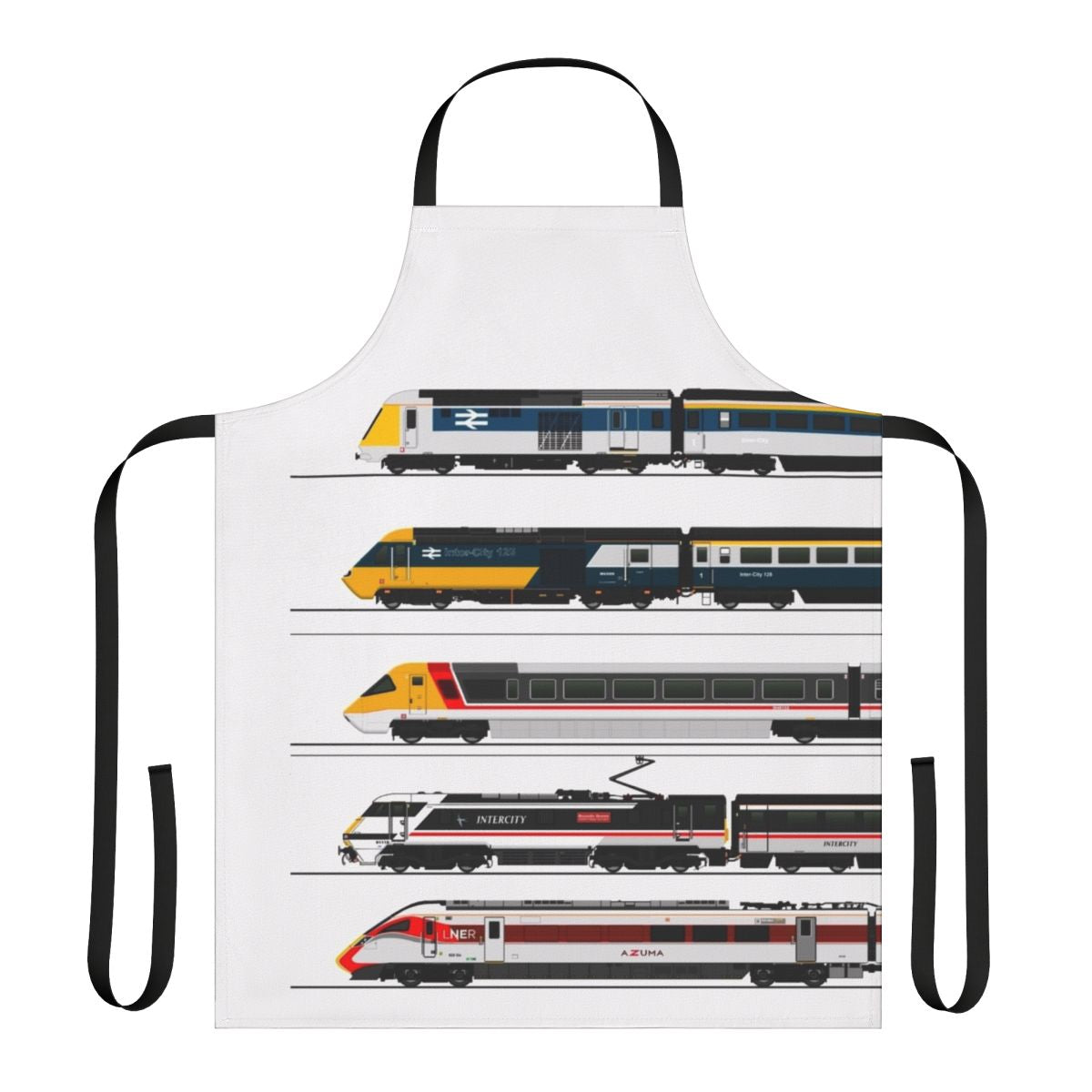Apron with illustrations of various British high-speed train models, including the Intercity 125, Class 43, and Azuma.