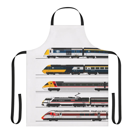 Apron with illustrations of various British high-speed train models, including the Intercity 125, Class 43, and Azuma.