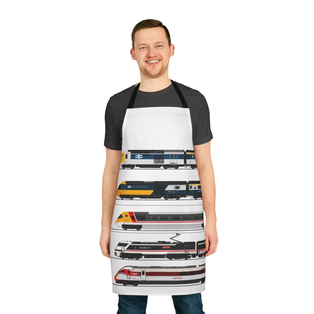 Apron with illustrations of various British high-speed train models, including the Intercity 125, Class 43, and Azuma.