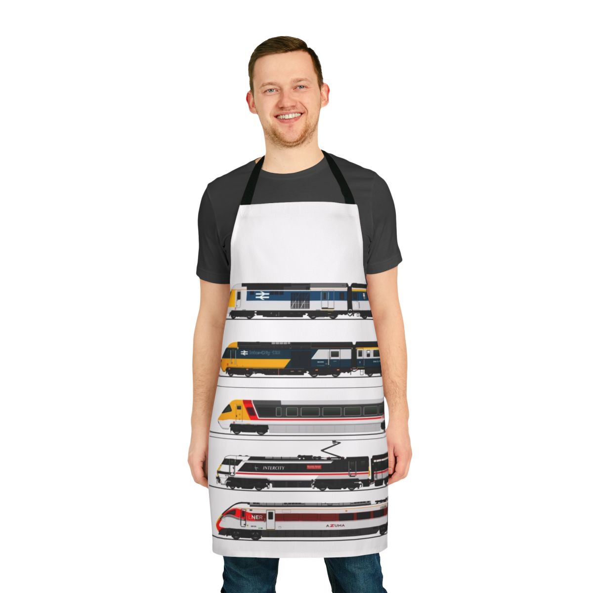 Apron with illustrations of various British high-speed train models, including the Intercity 125, Class 43, and Azuma.