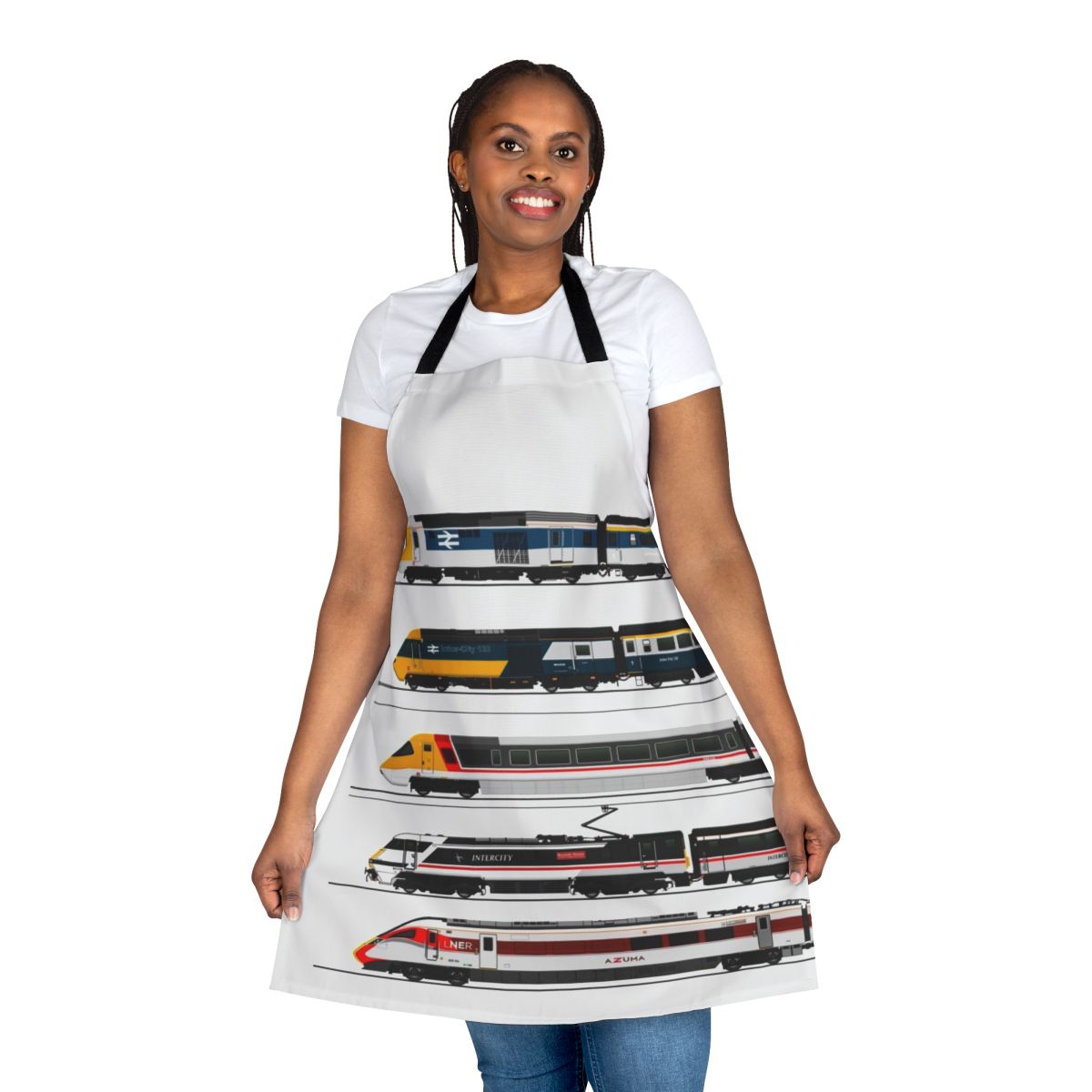 Apron with illustrations of various British high-speed train models, including the Intercity 125, Class 43, and Azuma.