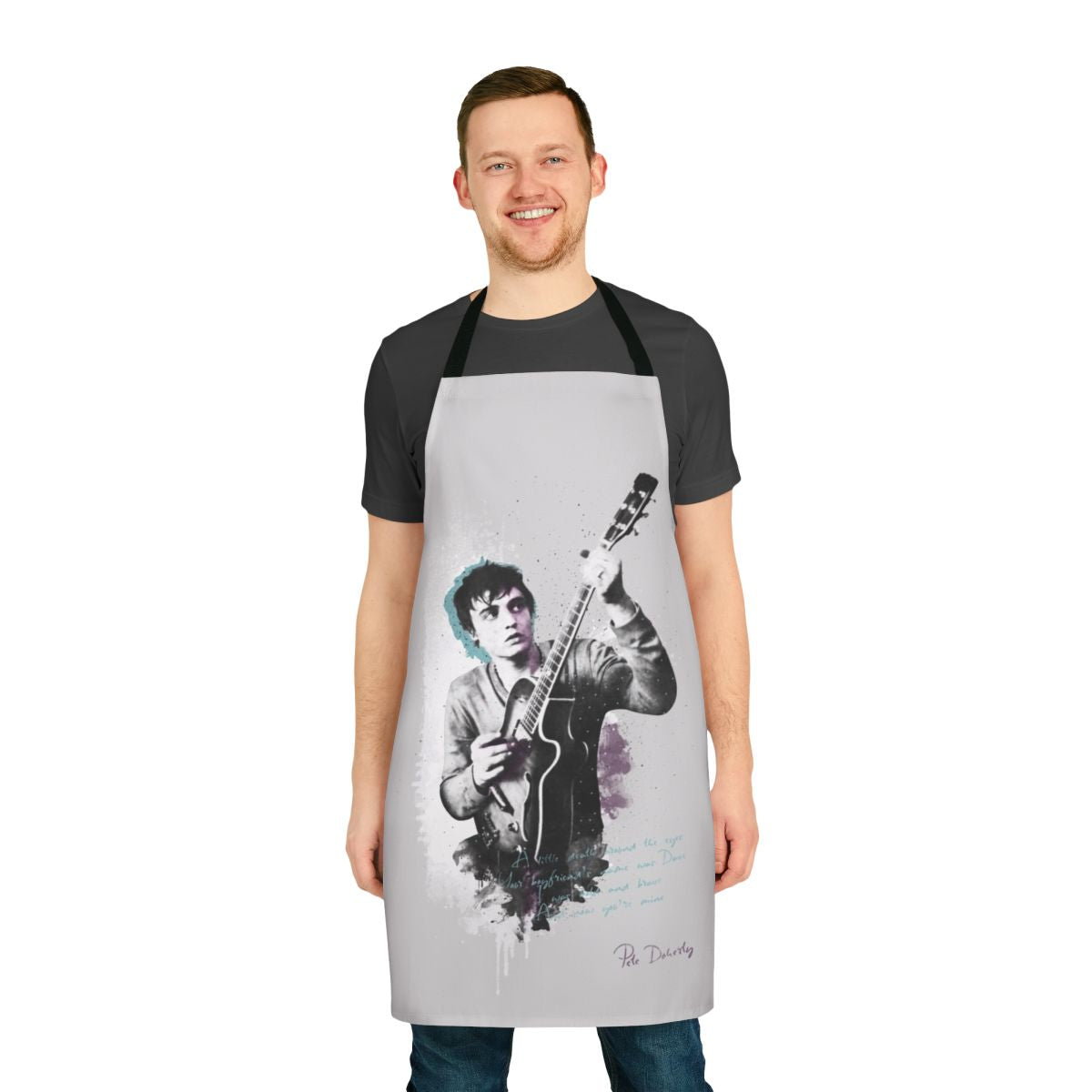 Apron with hand-drawn impressionist portrait of Pete Doherty, the British singer-songwriter and musician from the bands The Libertines and Babyshambles.
