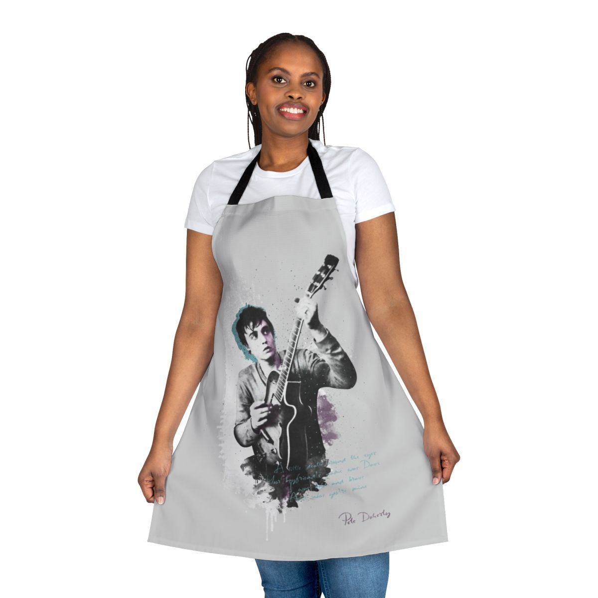 Apron with hand-drawn impressionist portrait of Pete Doherty, the British singer-songwriter and musician from the bands The Libertines and Babyshambles.