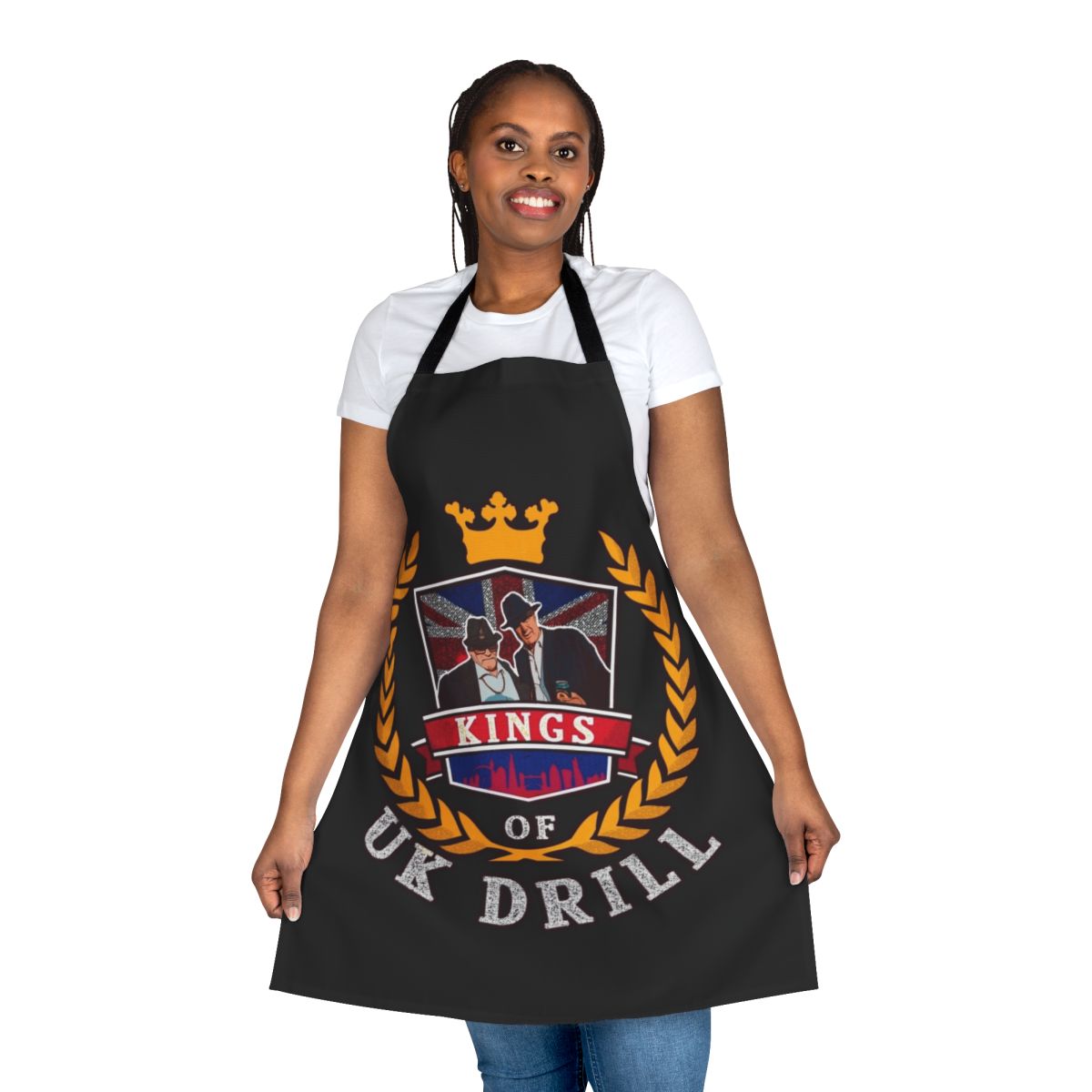 Apron with graphic design of UK drill rappers Pete and Bas
