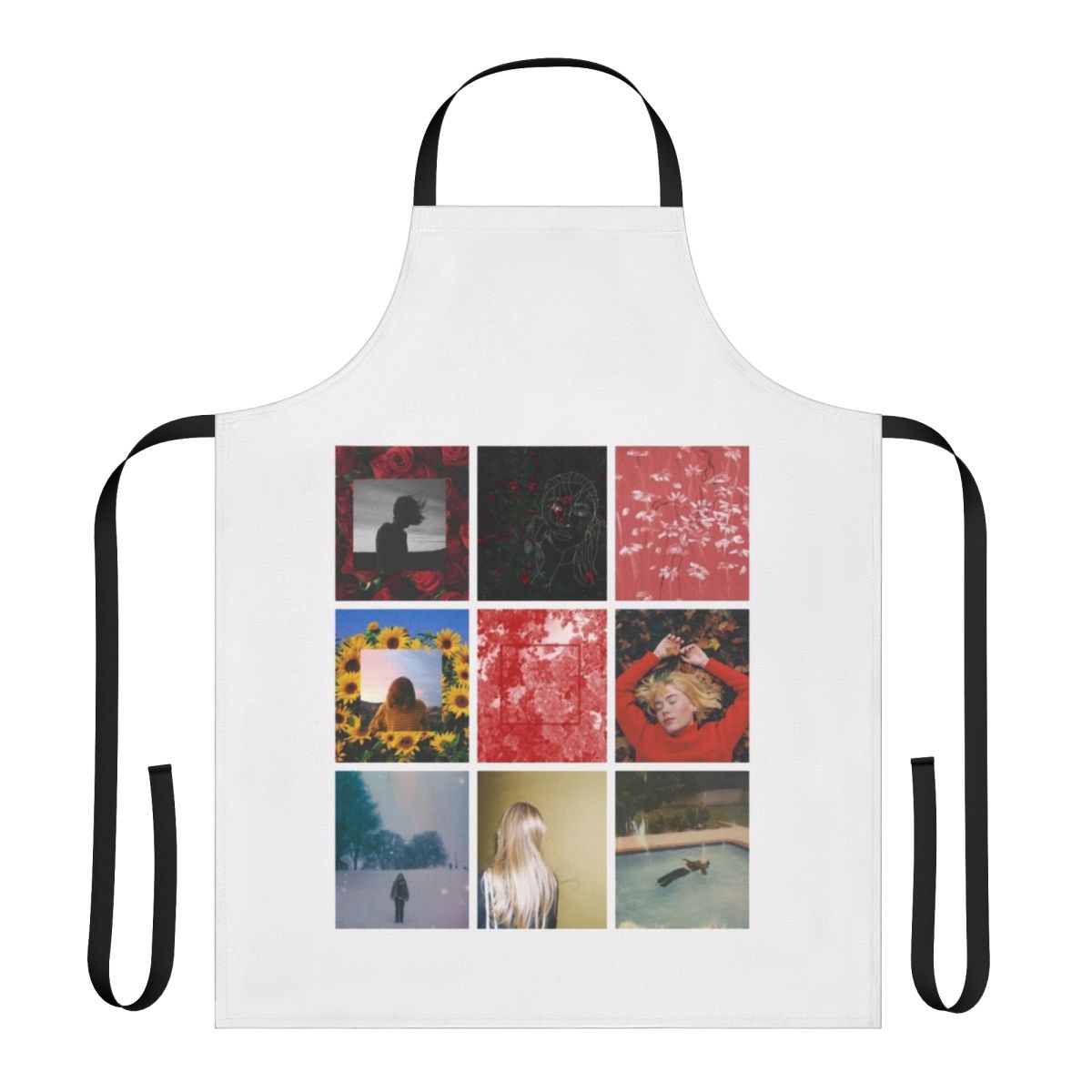A stylish apron featuring a girl in a red outfit, inspired by the indie bedroom pop artist "girl in red"