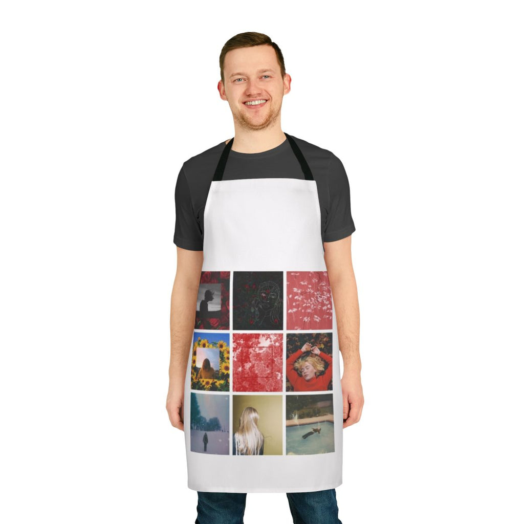 A stylish apron featuring a girl in a red outfit, inspired by the indie bedroom pop artist "girl in red"