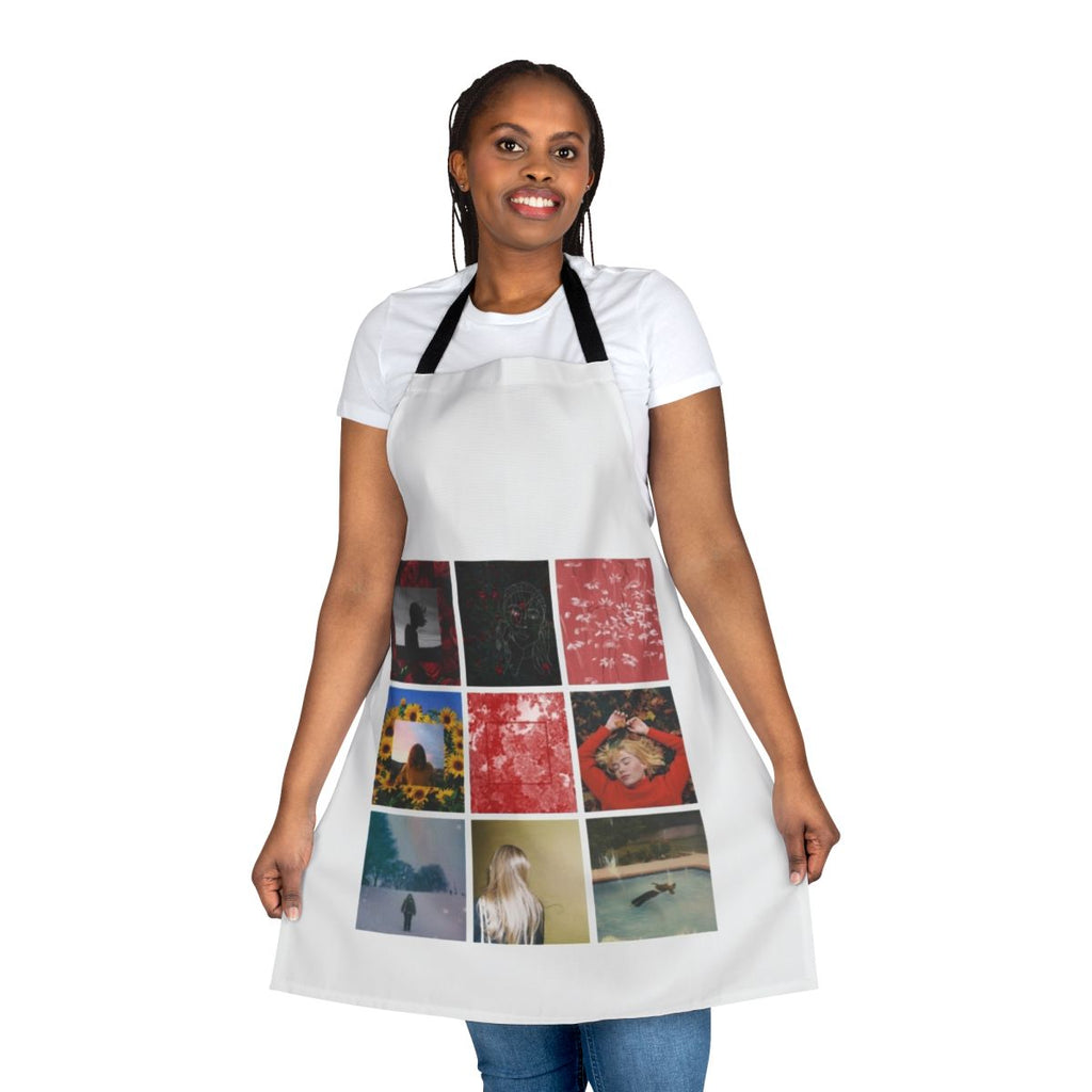 A stylish apron featuring a girl in a red outfit, inspired by the indie bedroom pop artist "girl in red"
