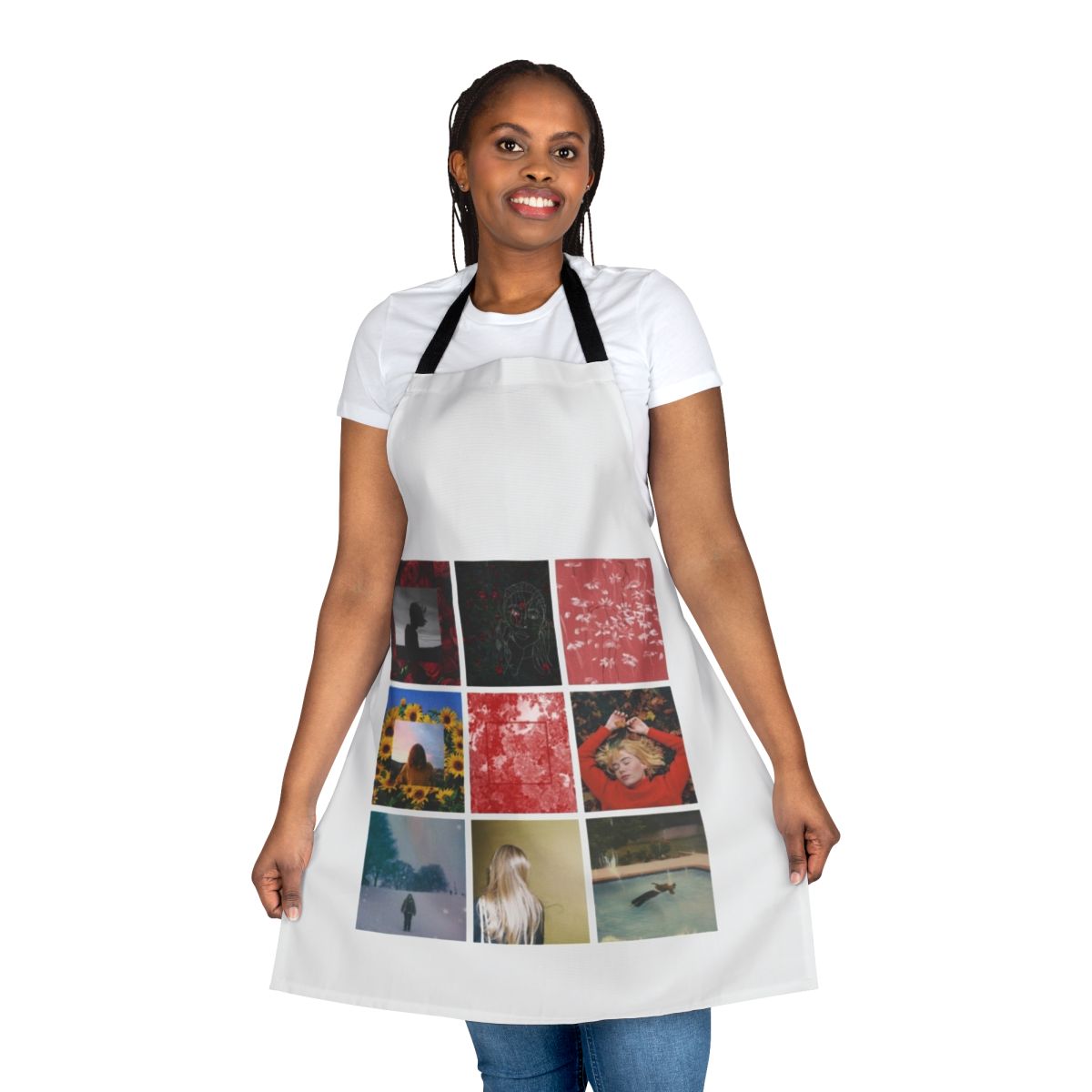 A stylish apron featuring a girl in a red outfit, inspired by the indie bedroom pop artist "girl in red"