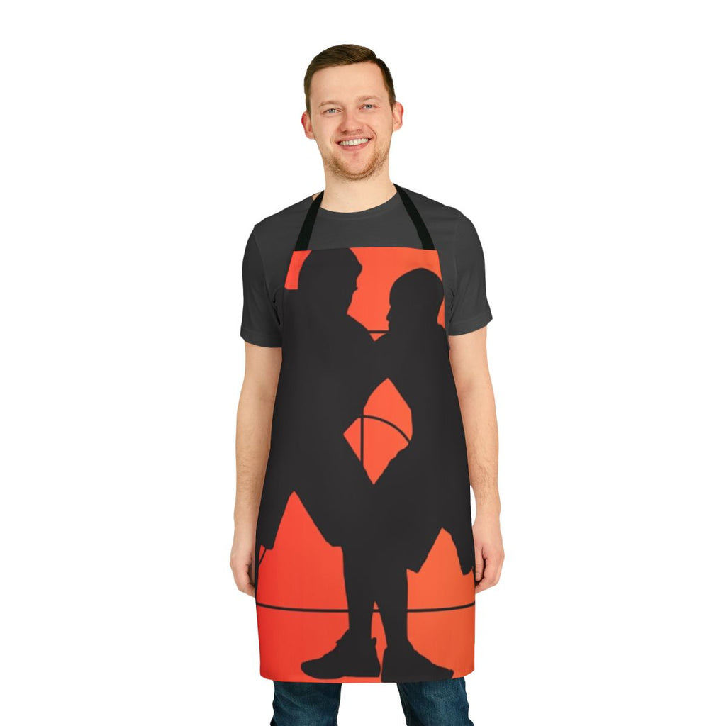 Colorful apron with musical notes, superheroes, and other fun patterns