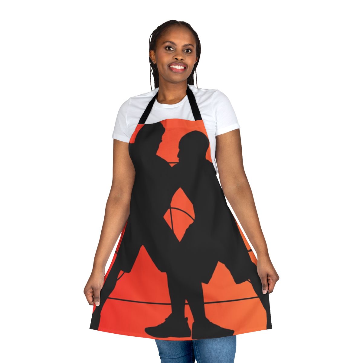 Colorful apron with musical notes, superheroes, and other fun patterns