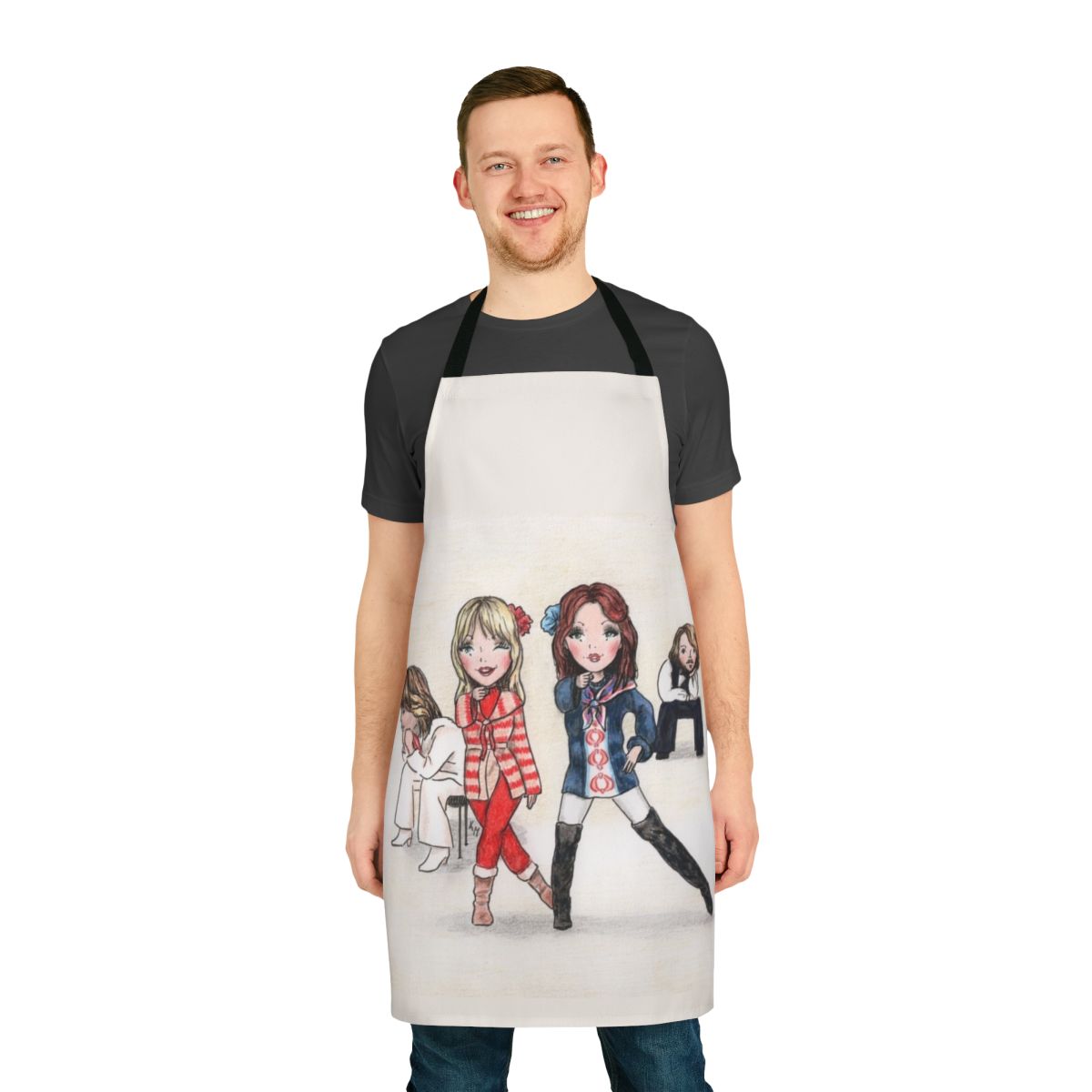 Stylish apron featuring a cute cartoon design, perfect for performers and creatives