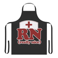 Registered nurse wearing a stylish and humorous apron