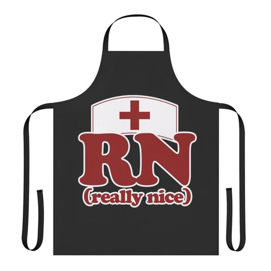 Registered nurse wearing a stylish and humorous apron