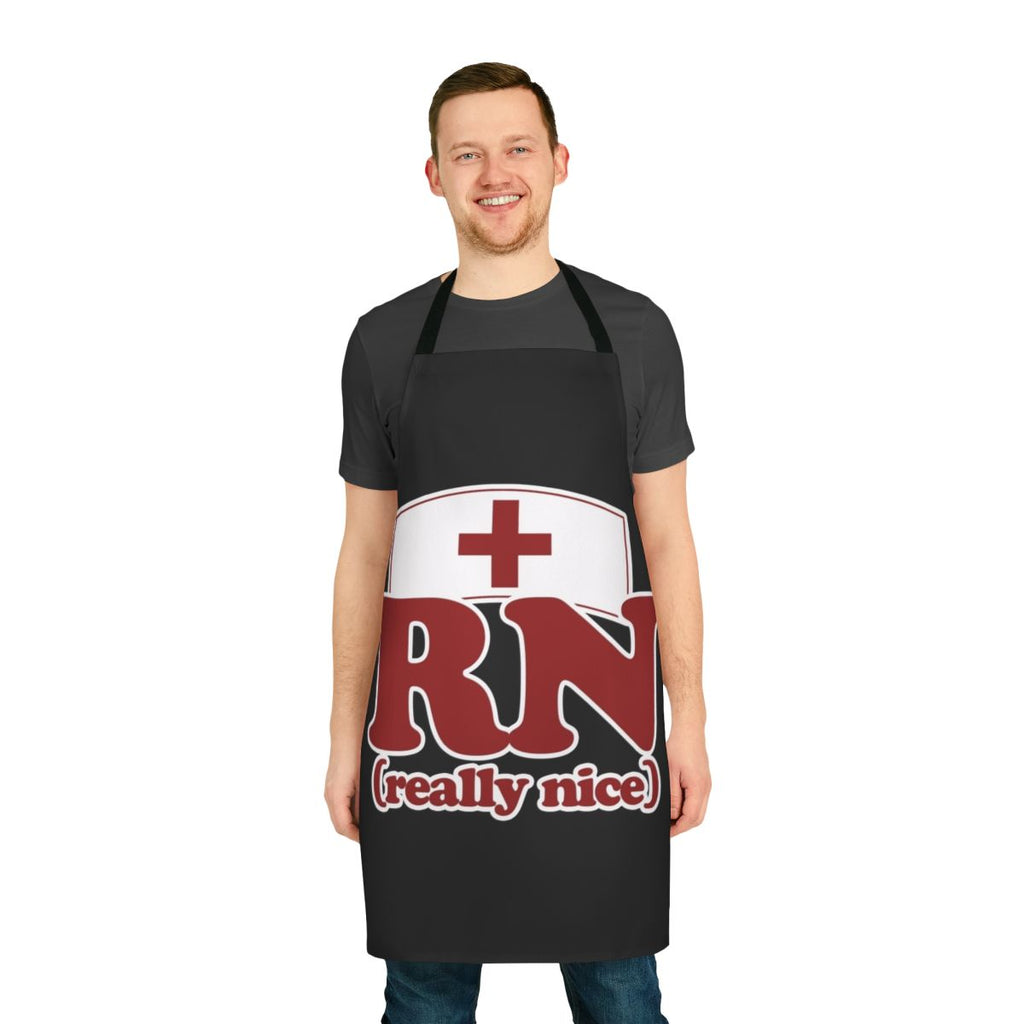Registered nurse wearing a stylish and humorous apron