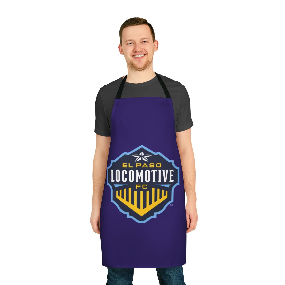 An apron featuring the El Paso Locomotive soccer team logo, perfect for soccer and football enthusiasts.