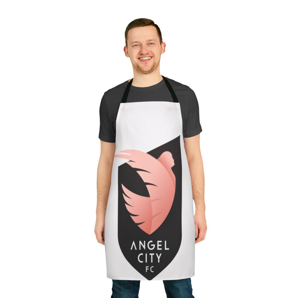 Woman wearing a stylish apron with football and sports design