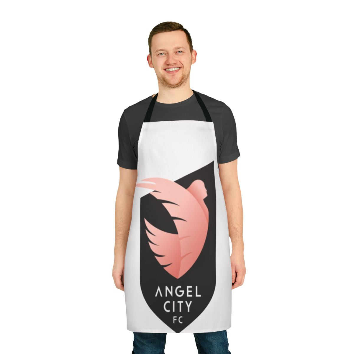 Woman wearing a stylish apron with football and sports design
