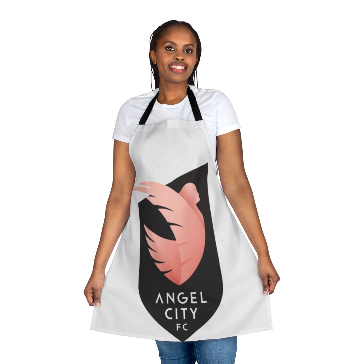 Woman wearing a stylish apron with football and sports design