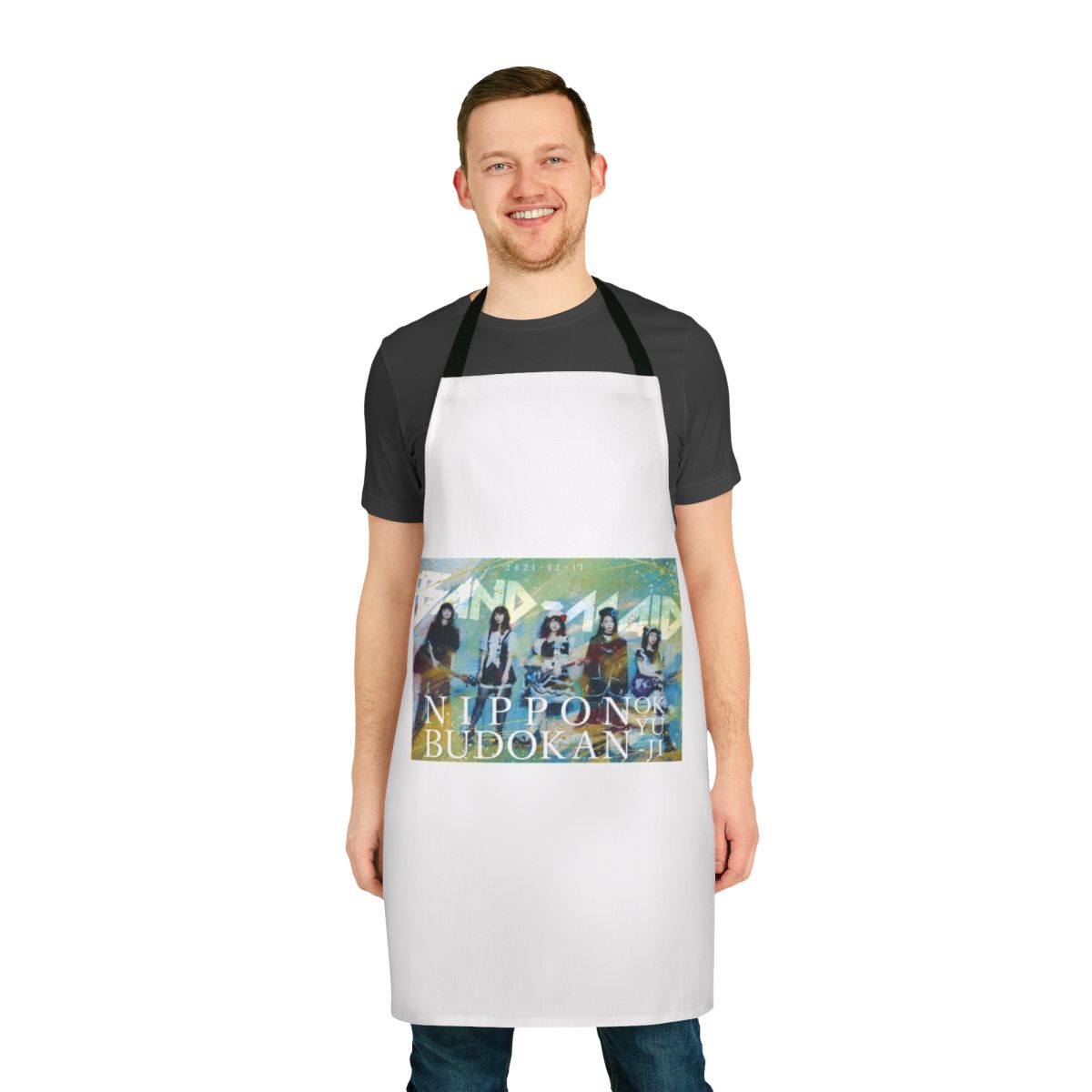 Fashionable apron featuring the logo and imagery of the popular Japanese band Band Maid