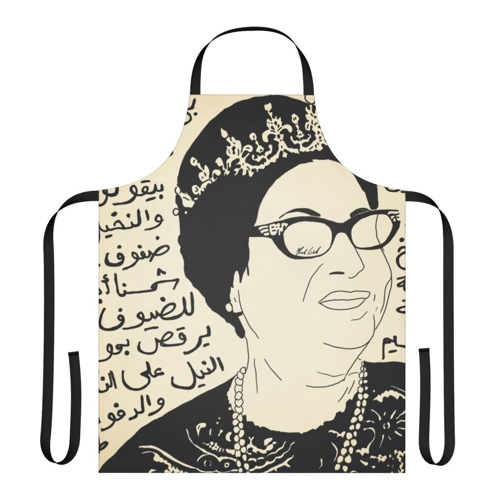 Stylish apron featuring vibrant pop art design inspired by renowned Arab singer Oum Kalthoum's iconic song "Toof W Shoof"
