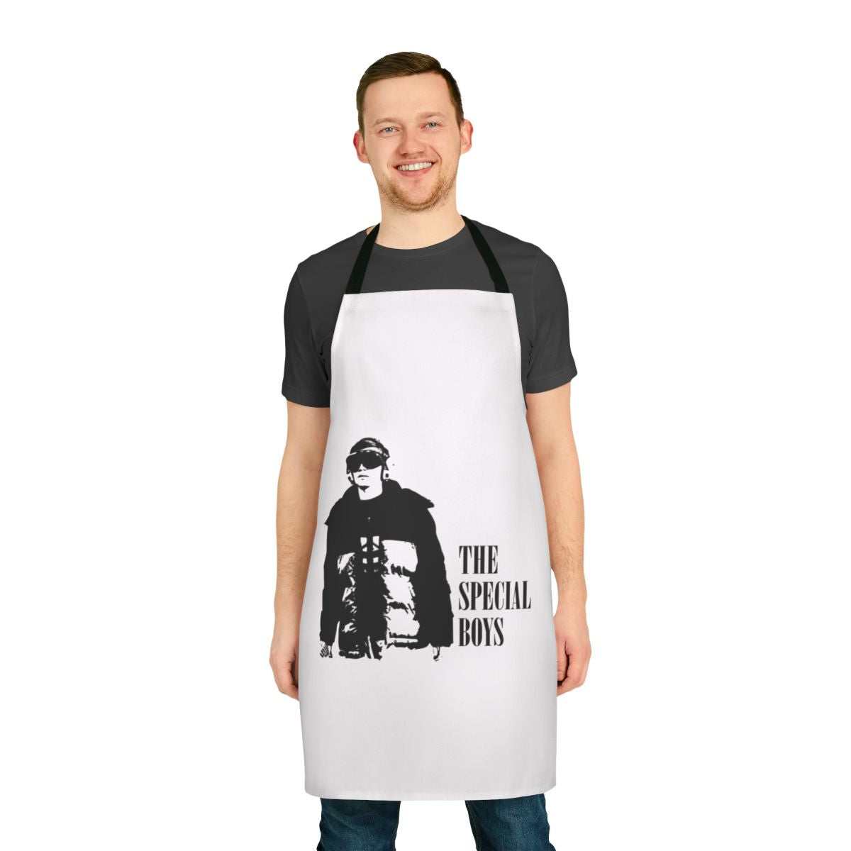 Apron featuring the Perpetual Grace, Ltd TV show logo and characters