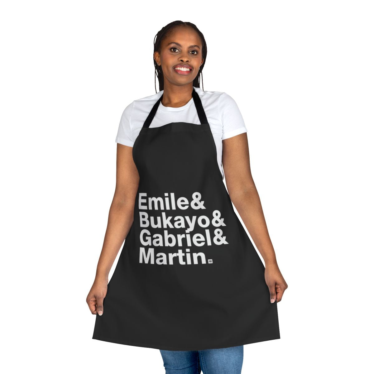 Arsenal-themed kitchen apron with "Fab Four" player designs