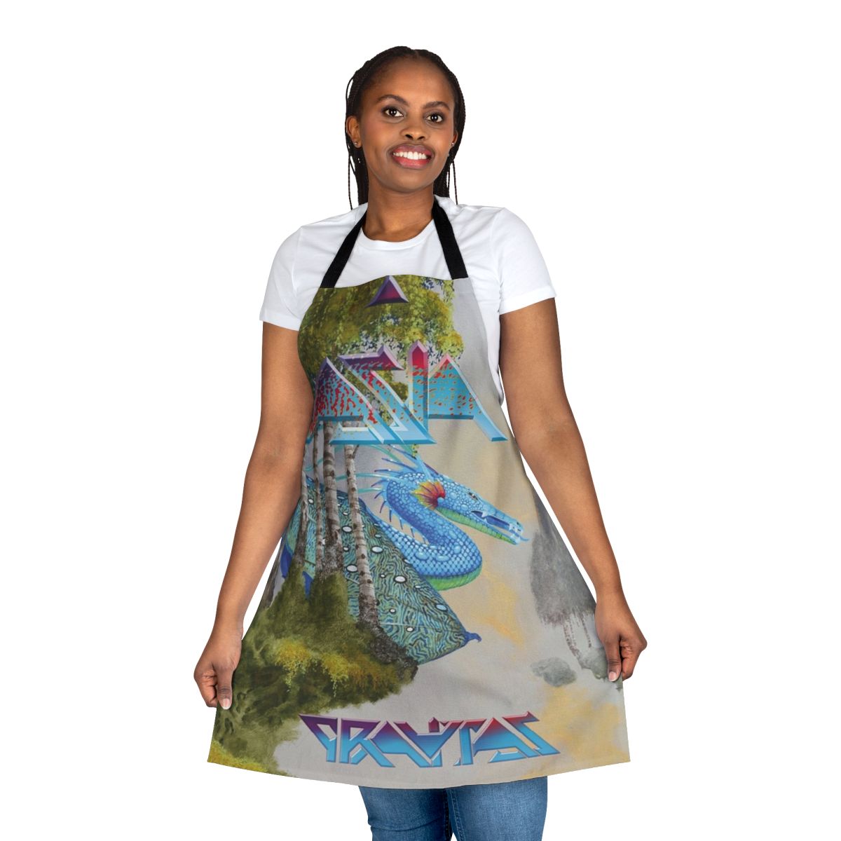 Gravitas-themed apron featuring the iconic Asia band logo