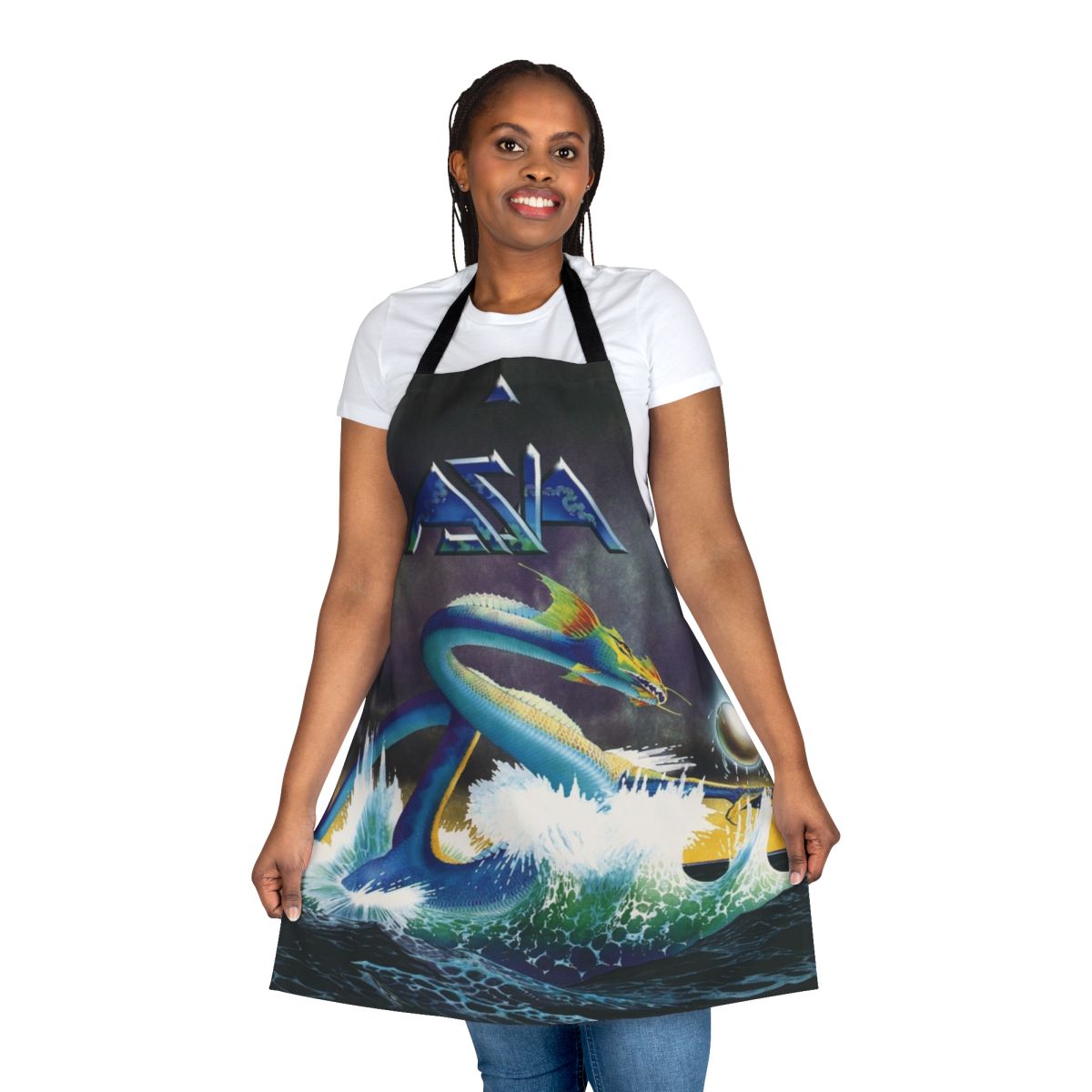 Stylish apron featuring the iconic logo and artwork of the legendary rock band Asia