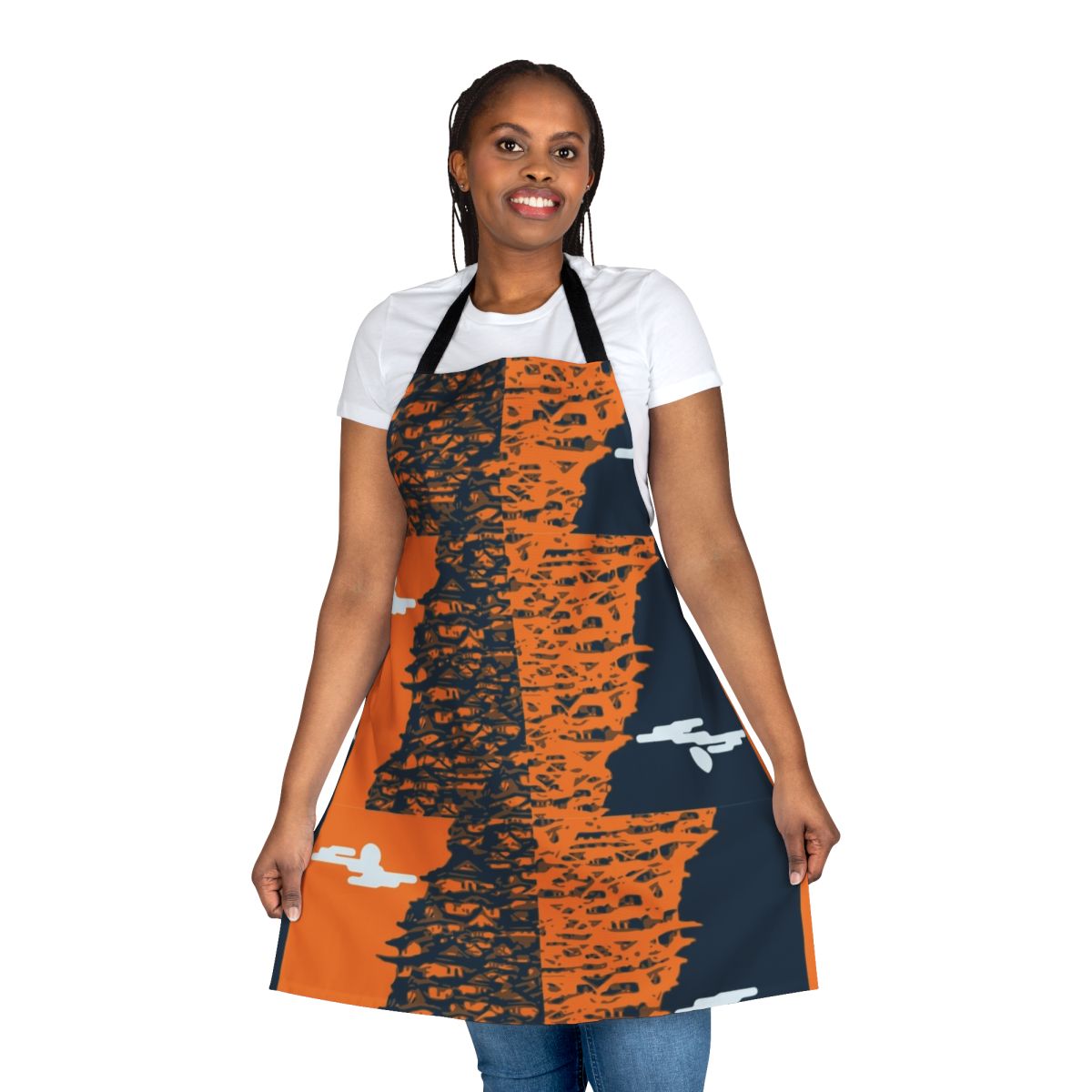 A colorful apron featuring an intricate Japanese-style pattern with anime influences.