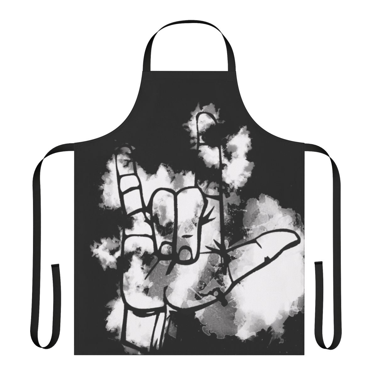 A white apron with the American Sign Language "I Love You" hand sign printed on it.