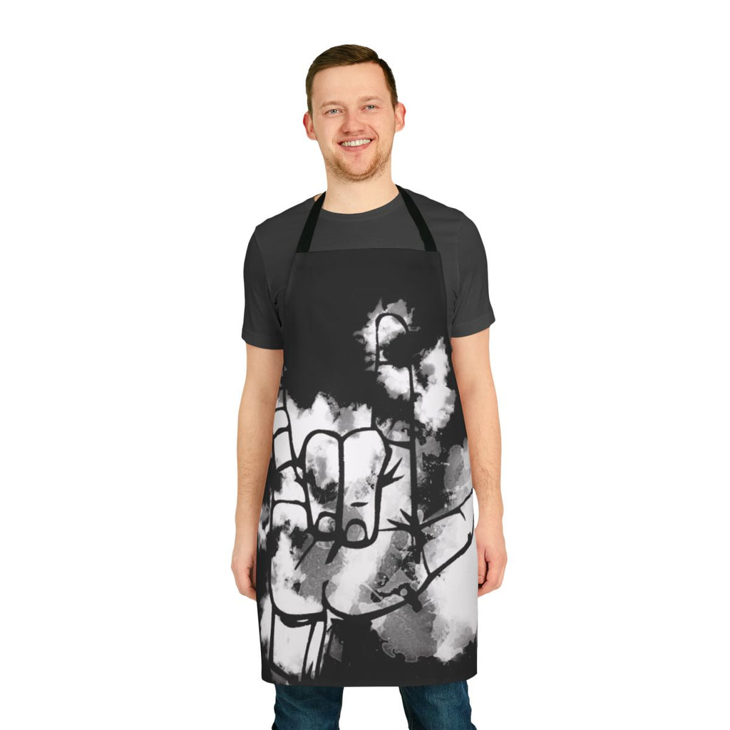 A white apron with the American Sign Language "I Love You" hand sign printed on it.