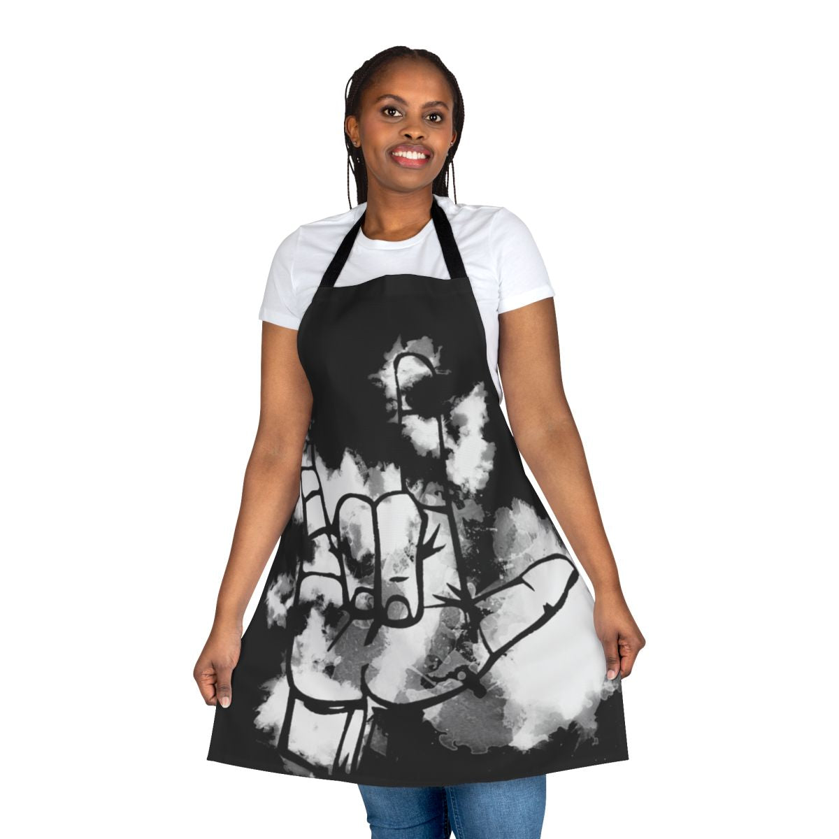 A white apron with the American Sign Language "I Love You" hand sign printed on it.