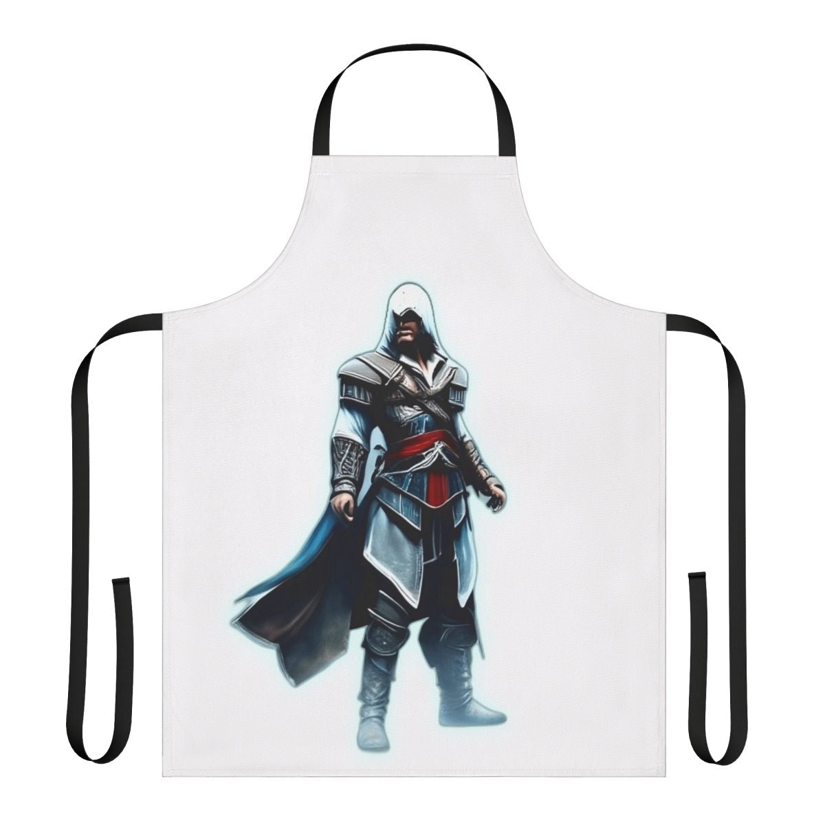 Assassin-themed black and white apron with Assassin's Creed logo and characters