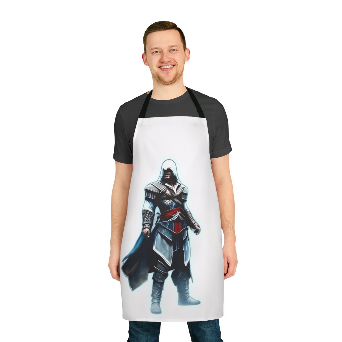 Assassin-themed black and white apron with Assassin's Creed logo and characters