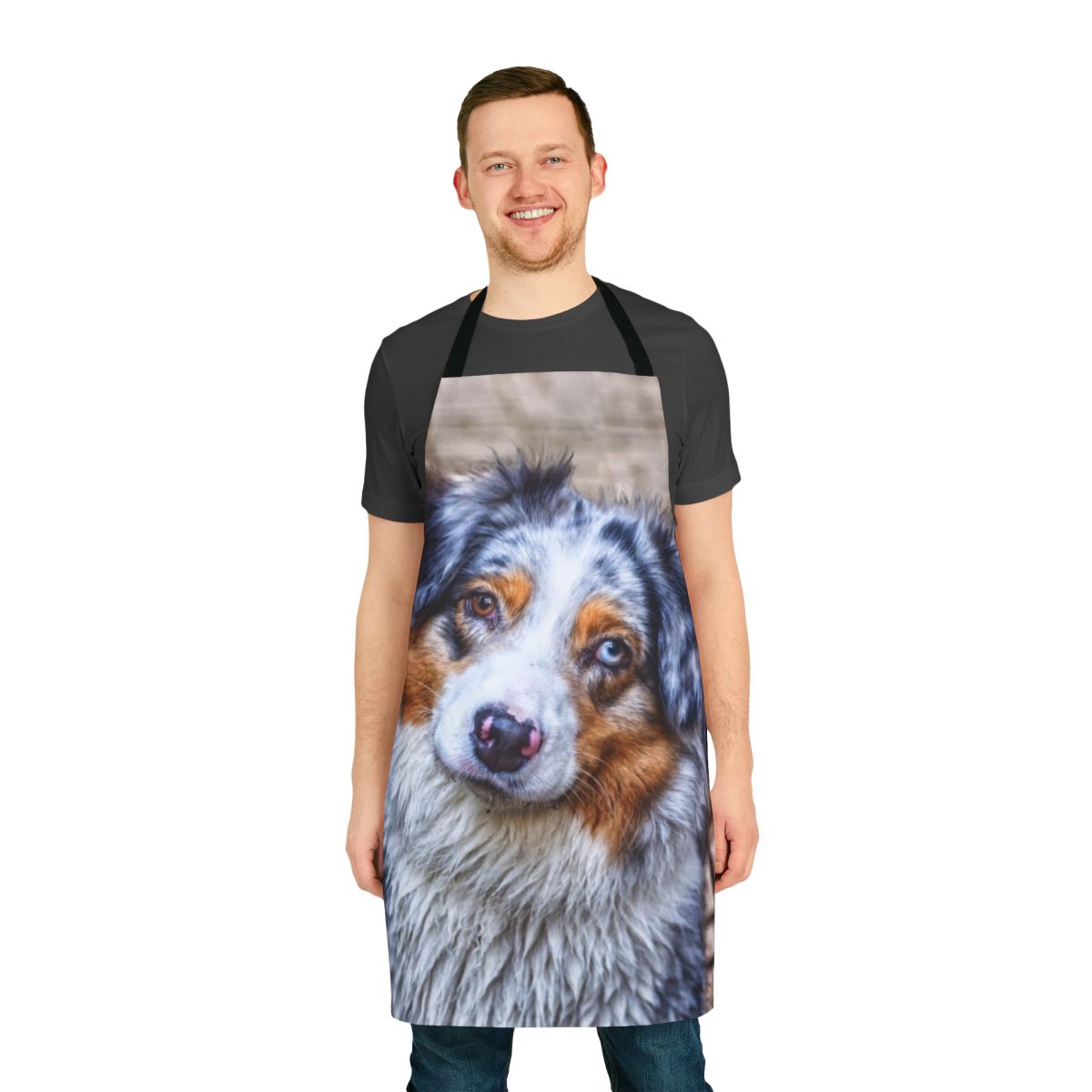 A high-quality apron featuring an adorable Australian Shepherd dog in a blue merle coat.