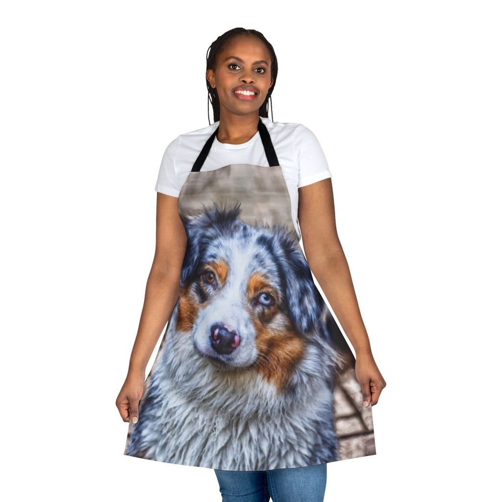 A high-quality apron featuring an adorable Australian Shepherd dog in a blue merle coat.