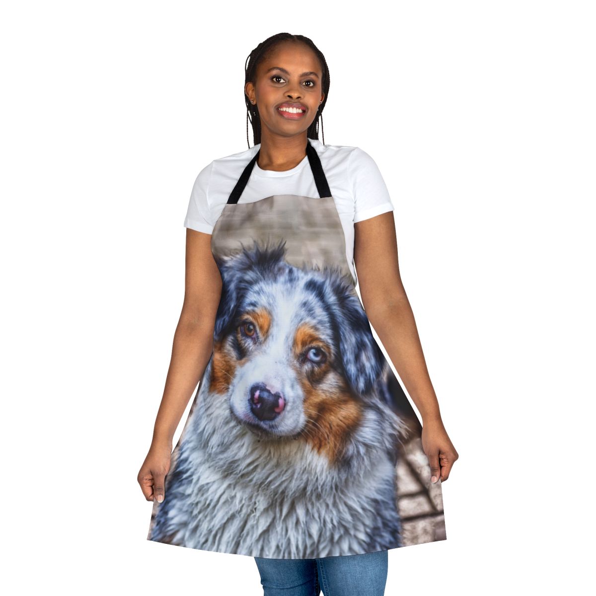 A high-quality apron featuring an adorable Australian Shepherd dog in a blue merle coat.