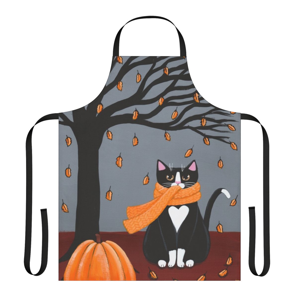 Autumn-themed apron featuring a charming tuxedo cat in a folk art style