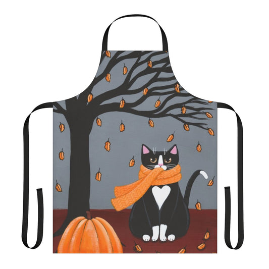Autumn-themed apron featuring a charming tuxedo cat in a folk art style