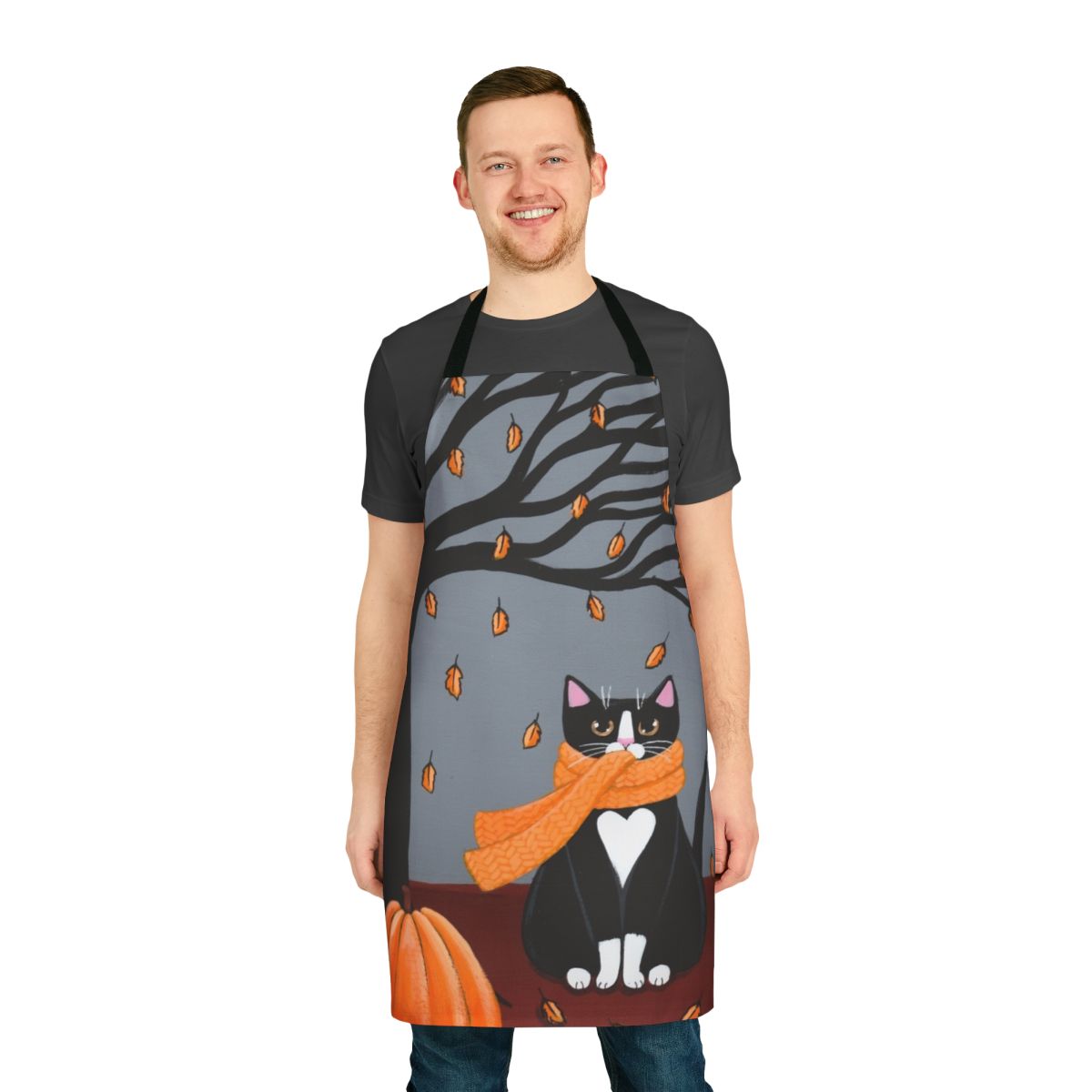 Autumn-themed apron featuring a charming tuxedo cat in a folk art style