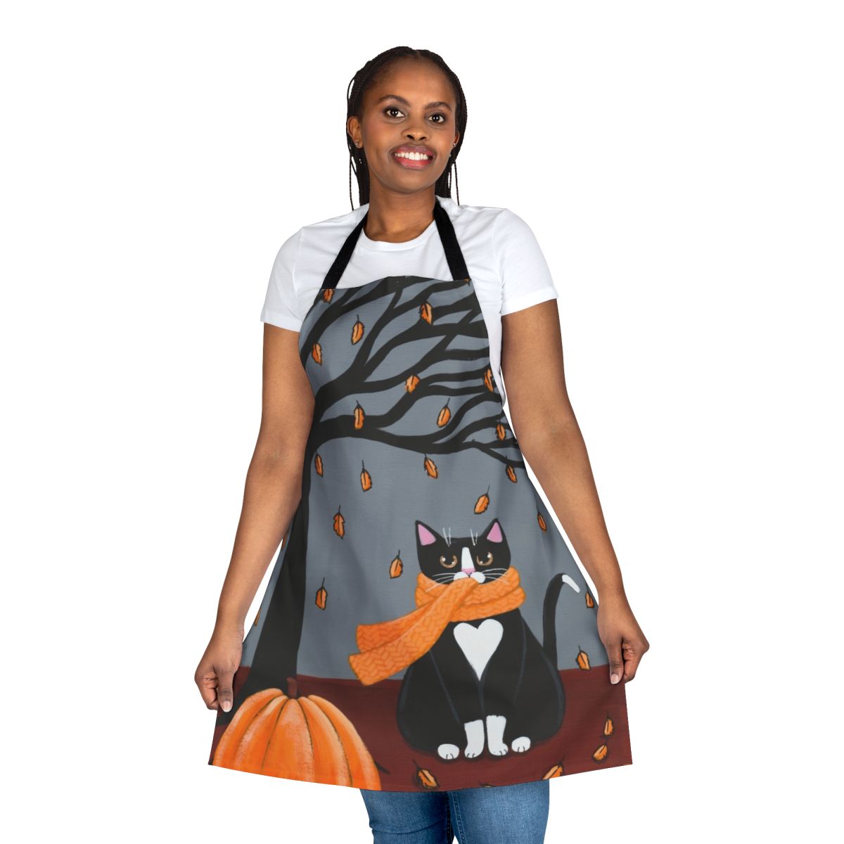 Autumn-themed apron featuring a charming tuxedo cat in a folk art style