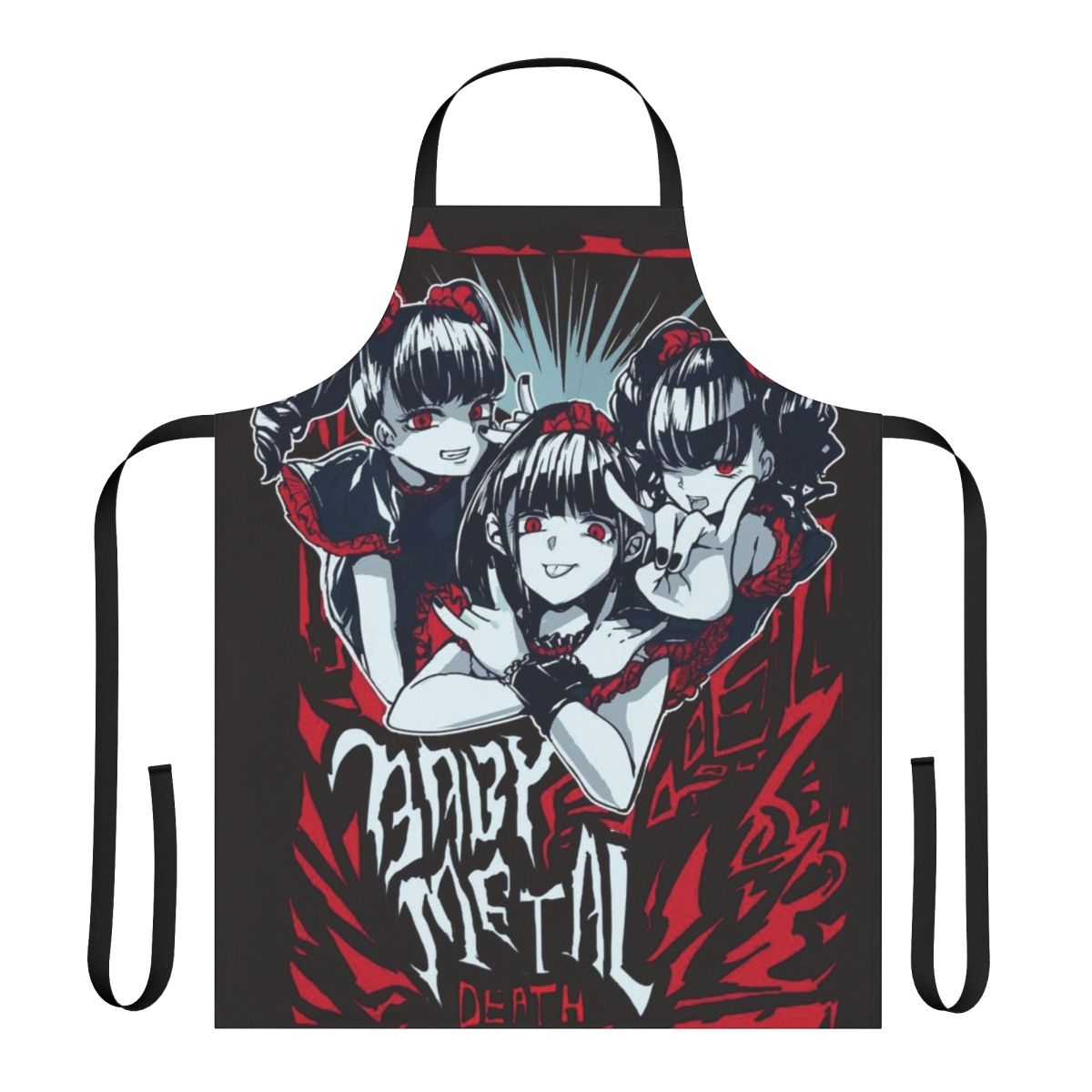A black apron with a colorful baby metal design, featuring anime-style graphics and heavy metal music imagery.