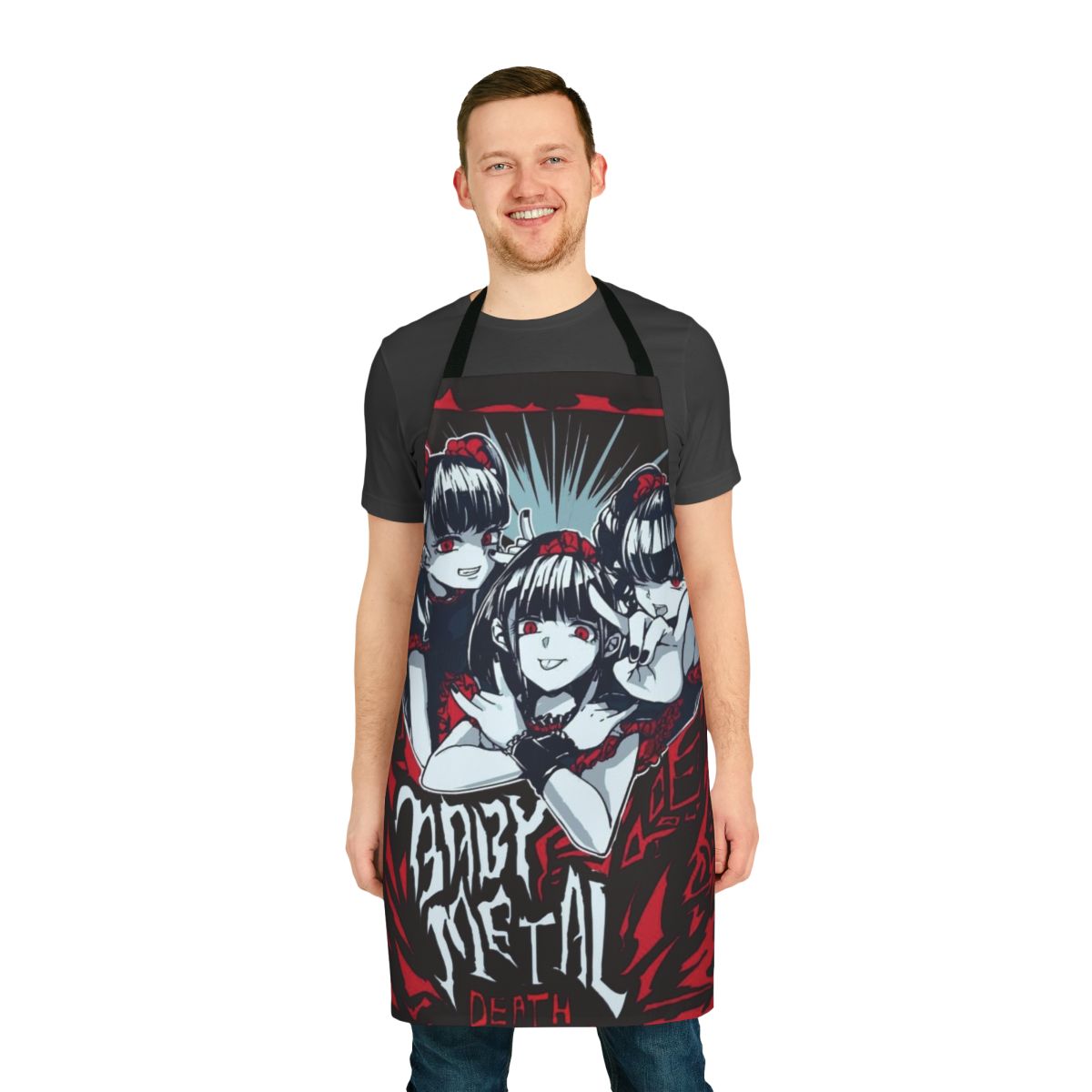 A black apron with a colorful baby metal design, featuring anime-style graphics and heavy metal music imagery.