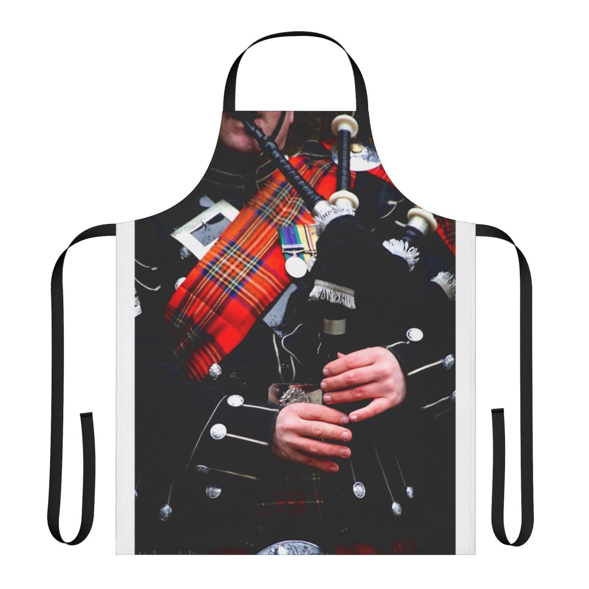 A red tartan apron with a bagpipe design, perfect for enjoying traditional Scottish music and culture.
