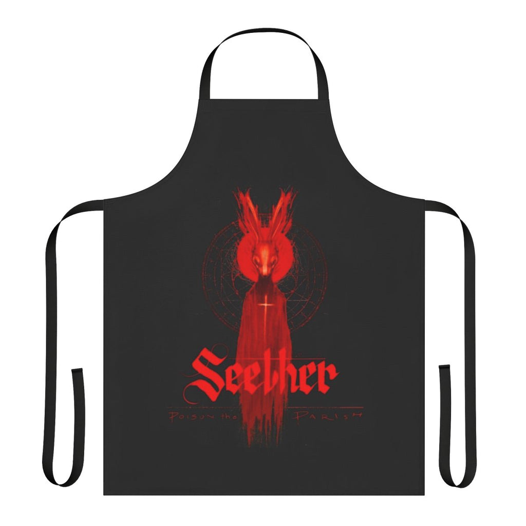 Music band album inspired kitchen apron featuring band name and album cover imagery