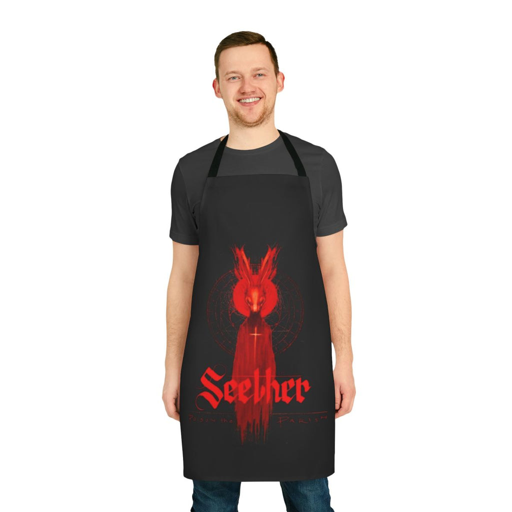 Music band album inspired kitchen apron featuring band name and album cover imagery