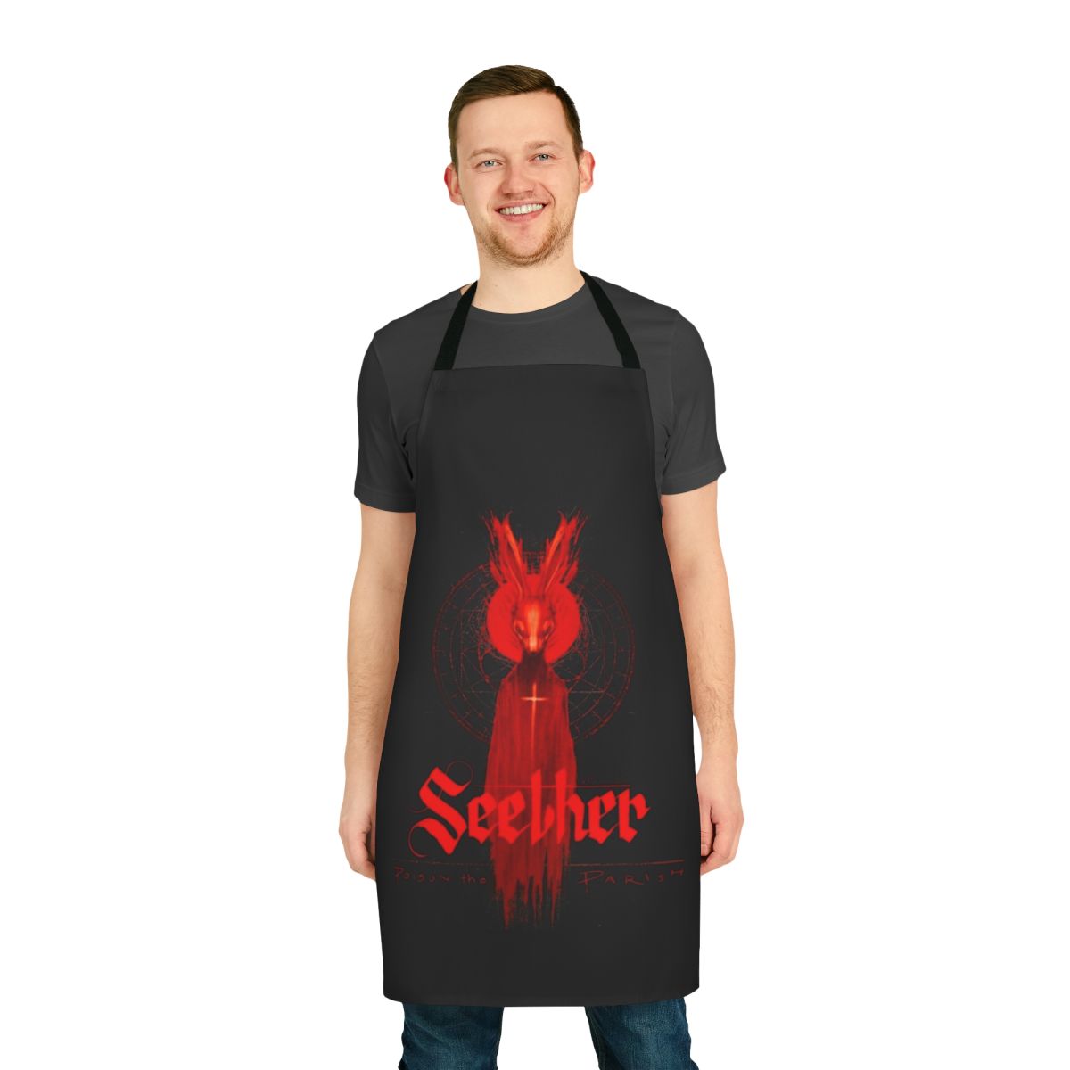 Music band album inspired kitchen apron featuring band name and album cover imagery