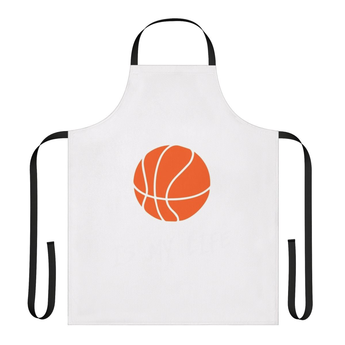 A black and white basketball-themed apron with the text "Basketball Is My Life" printed on it.
