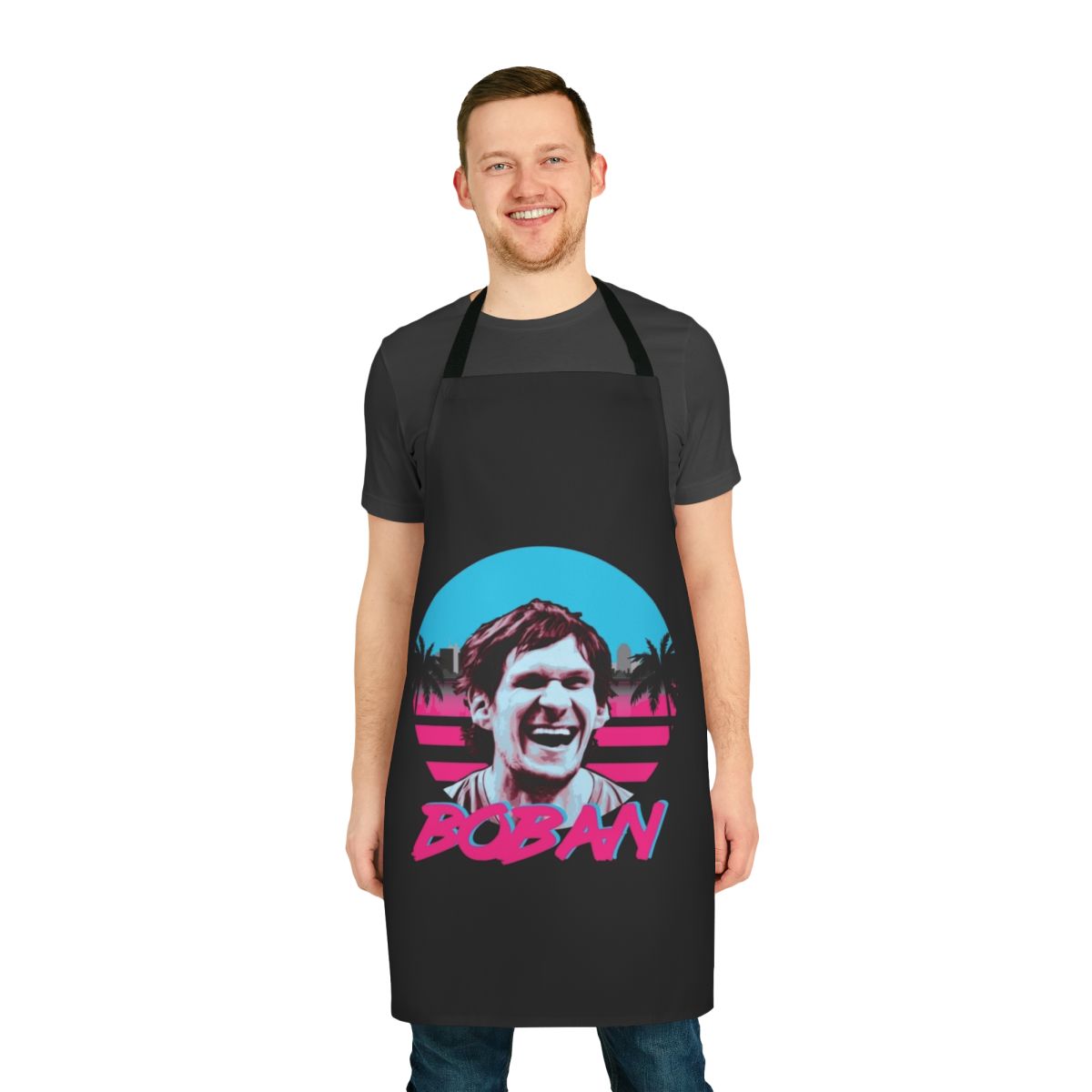 Boban-inspired basketball-themed apron with retro 80s design