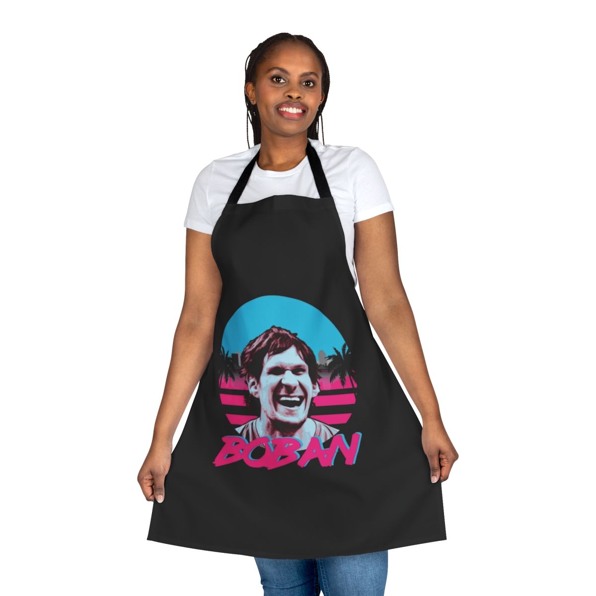 Boban-inspired basketball-themed apron with retro 80s design